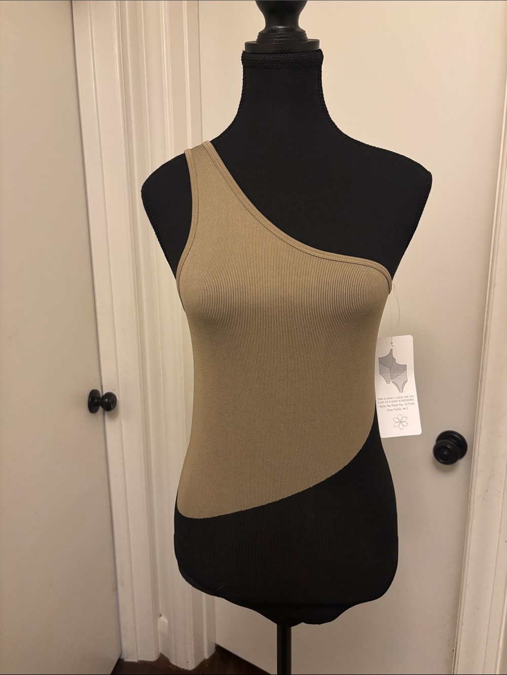 Aura One-Shoulder Ribbed Tank Top in Tan